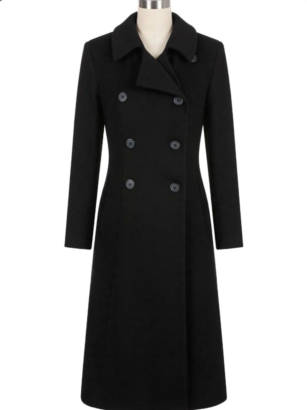 Classic Perry Ellis 100% Wool Black Double-Breasted Long Women's Coat Sz. 4